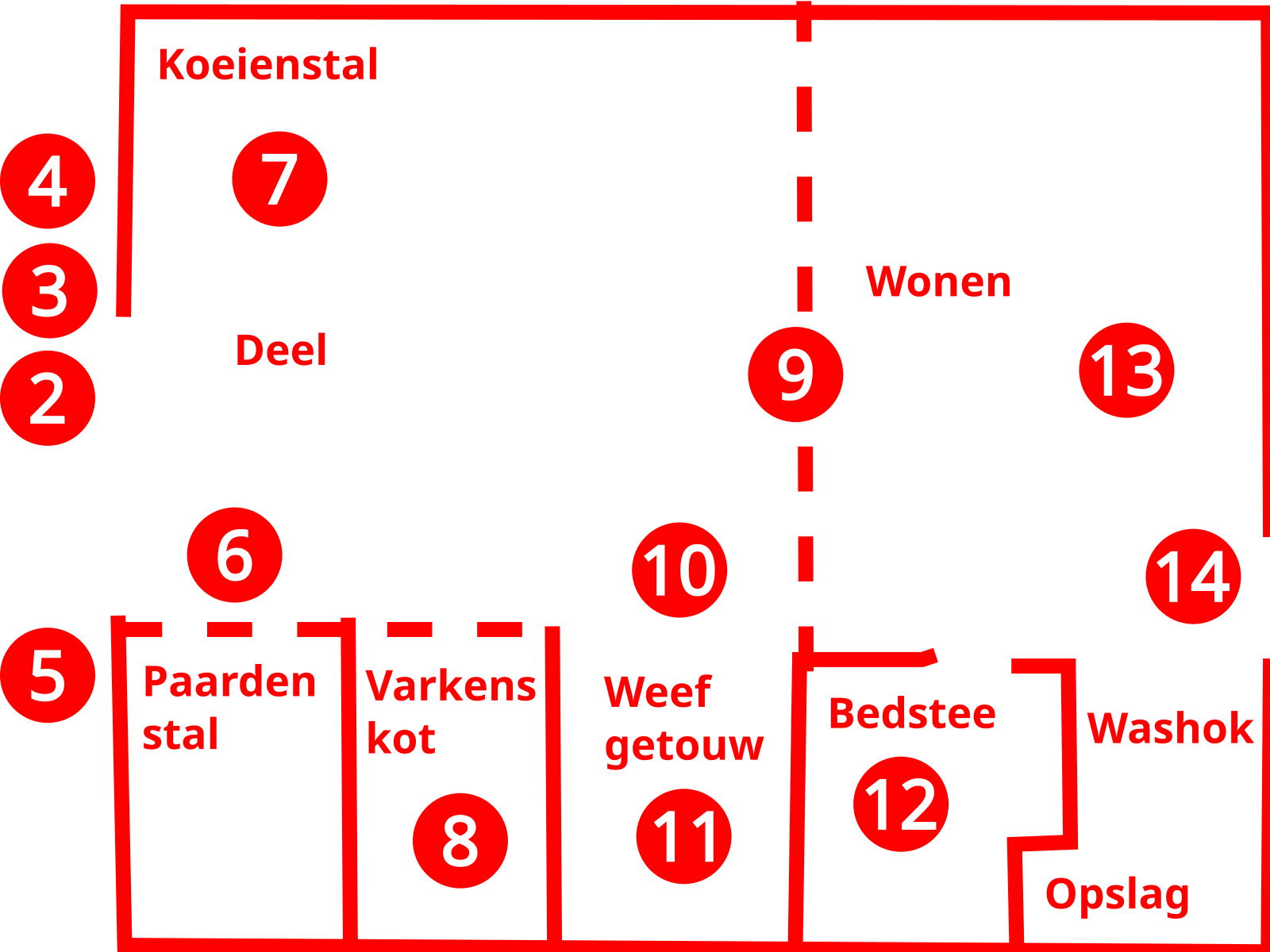 Plattegrond van het los hoes met links naar de luisterpunten.