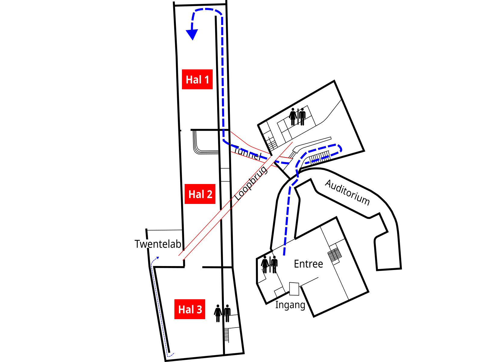 Plattegrond van De MuseumFabriek en route naar het begin van de tour, Hal 1.